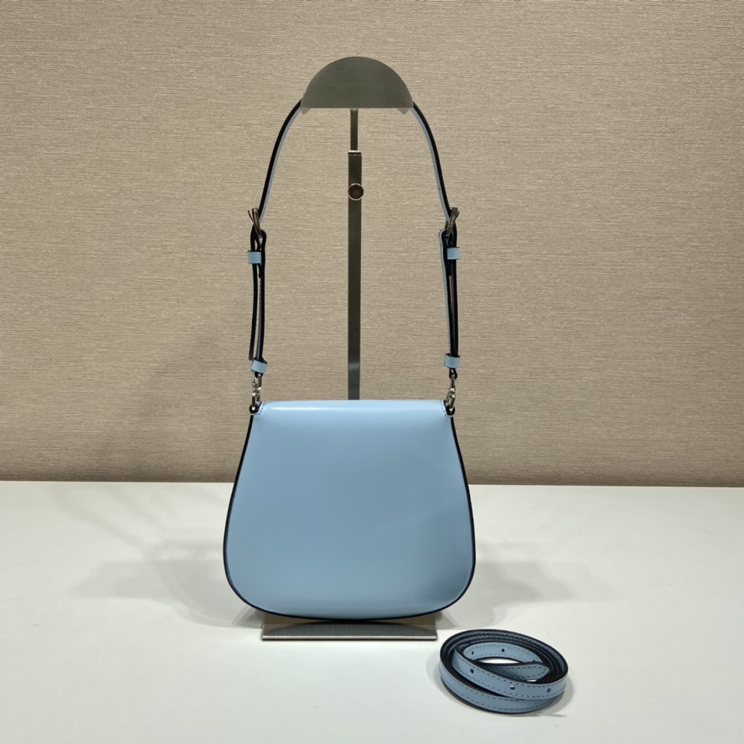 Prada Cleo Brushed Leather Shoulder Bag With Flap Light Blue 1BH188